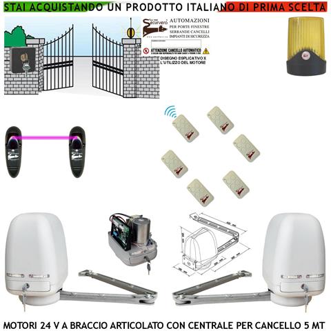 Automazione Cancello Kit Motori Braccio Articolato 24 V 2 Ante Da 0,5 A 2,5 Mt Centrale 220/24 V Faro Selettore Coppia - Foto 1