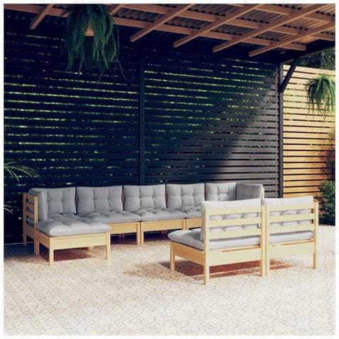 Set Divani Da Giardino 9 Pz Con Cuscini Grigi Massello Di Pino - Foto 1