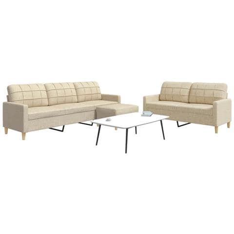 Set di Divani 3 pz con Poggiapiedi Crema in Tessuto - Foto 2