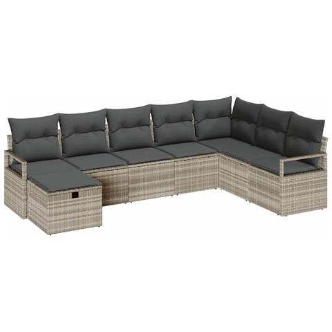 Set di Divani da Giardino  8 Pezzi con Cuscini Grigio Chiaro Polyrattan, Divano da Giardino  2 Posti con Ripostiglio e Cuscini Grigio Polyrattan - Foto 1