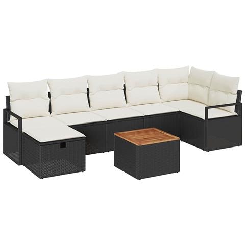 Set di divani da giardino 8 pezzi con cuscini in rattan nero, Divano da giardino 2 posti con cuscini in rattan nero - Foto 1