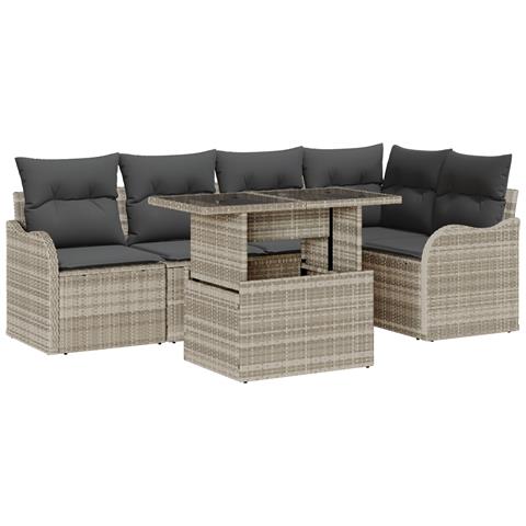 Set Divano da Giardino 6 Pezzi con Cuscini Grigio Chiaro in Polyrattan, Divano da Giardino 2 Posti con Cuscini Grigio Chiaro in Polyrattan - Foto 1