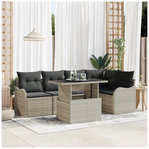 Set Divano da Giardino 6 Pezzi con Cuscini Grigio Chiaro in Polyrattan, Divano da Giardino 2 Posti con Cuscini Grigio Chiaro in Polyrattan - Foto 2