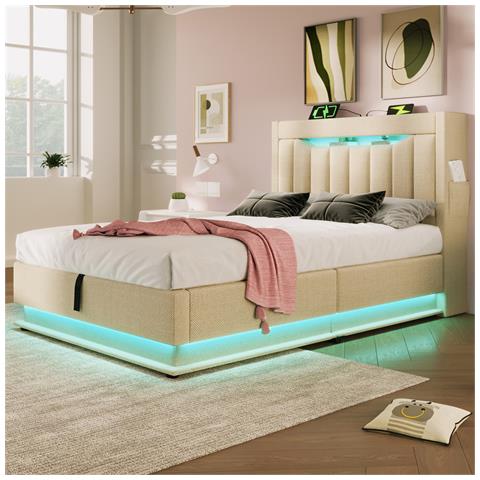 Letto Imbottito Idraulico 90x200cm, Letto Matrimoniale, Letto Contenitore Con Connessioni Usb E Tipo C, Illuminazione Led A Testa E Piedi Del Letto, Biancheria, Beige, Senza Materasso - Foto 4