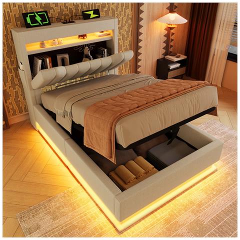 Letto Imbottito Idraulico 90x200cm, Letto Matrimoniale, Letto Contenitore Con Connessioni Usb E Tipo C, Illuminazione Led A Testa E Piedi Del Letto, Biancheria, Beige, Senza Materasso - Foto 1