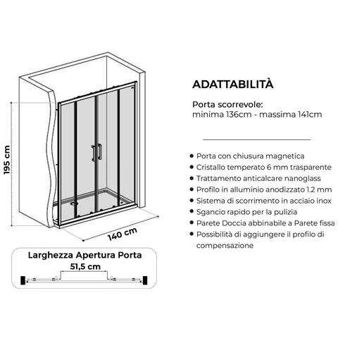 Box Doccia A Nicchia 140 Cm Porta Scorrevole Apertura Centrale H195 Cm Lisa Cromato - Foto 2