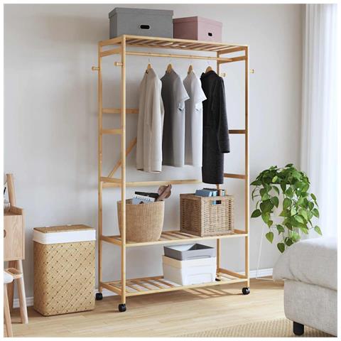 Appendiabiti con Ripiani e Ruote 110x40x180 cm in Bambù - Foto 2
