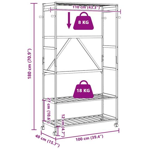 Appendiabiti con Ripiani e Ruote 110x40x180 cm in Bambù - Foto 8