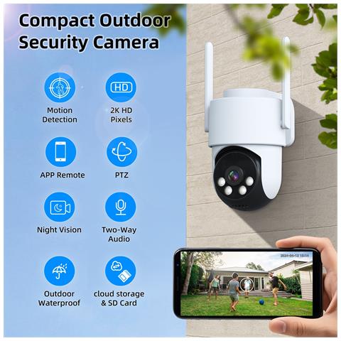 Telecamera Di Sicurezza Ptz Da Esterno Da 1,2 Pollici - 3mp, Pan Tilt Wireless, 2k Full Hd, Ip65 Impermeabile - Foto 2