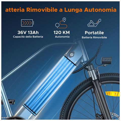 MileTrail 1 Bicicletta Elettrica da Montagna 26'', motore 250W, batteria 36V 13Ah, sensore di velocità, cambio a 7 velocità, freno idraulico a disco, sospensione anteriore, Grigia - Foto 7