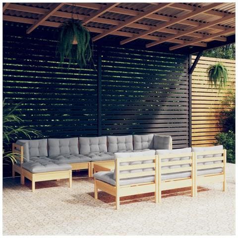 Set Divani Da Giardino 11 Pz Con Cuscini Grigi Massello Di Pino - Foto 1