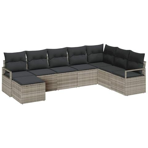 Set di divani da giardino 8 pezzi con cuscini grigio chiaro polyrattan, Divano da giardino 2 posti con vano contenitore e cuscini grigio polyrattan - Foto 1