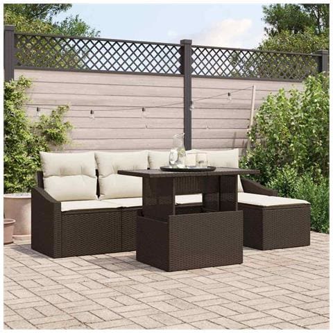 Set di Sofà da Giardino a 6 Pezzi con Cuscini in Polirattan Marrone - Foto 2