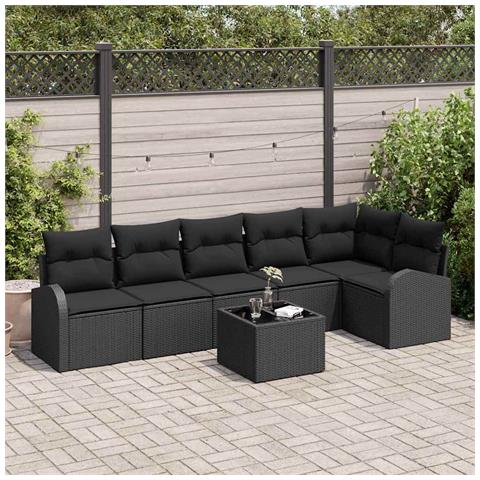 Set divano da giardino 7 Pezzi con Cuscini Beige Polyrattan, Divano da giardino 2 posti con spazio di stoccaggio e cuscini Polyrattan Nero - Foto 2