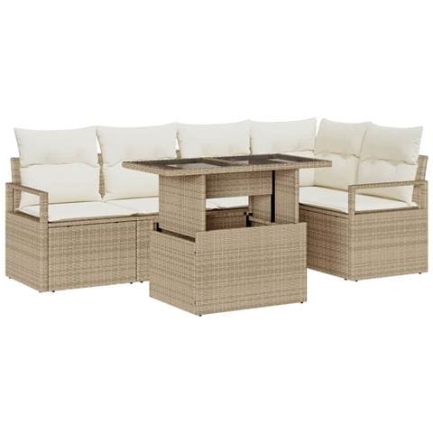 Set Divano da Giardino a 6 Pezzi con Cuscini in Polyrattan Beige, Divano da Giardino 2 Posti con Ripostiglio e Cuscini in Polyrattan Beige - Foto 1