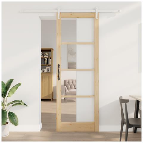 Porta Scorrevole con Set di Ferramenta 83x232 cm Legno Massello Pino - Foto 2