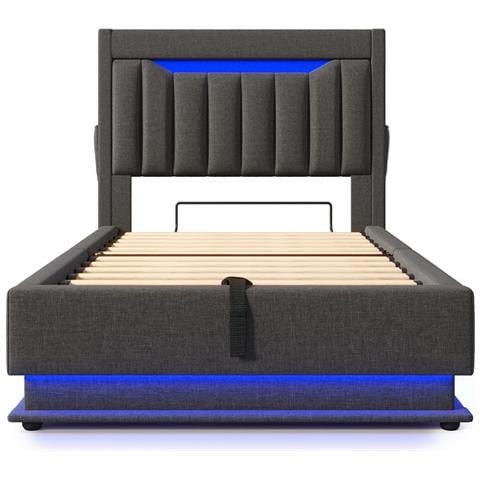 Letto Imbottito Idraulico 90x200cm, Letto Matrimoniale, Letto Contenitore Con Connessioni Usb E Tipo C, Illuminazione Led A Testa E Piedi Del Letto, Biancheria, Beige, Senza Materasso Senza Materasso - Foto 2