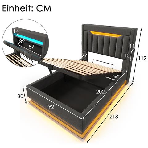 Letto Imbottito Idraulico 90x200cm, Letto Matrimoniale, Letto Contenitore Con Connessioni Usb E Tipo C, Illuminazione Led A Testa E Piedi Del Letto, Biancheria, Beige, Senza Materasso Senza Materasso - Foto 4