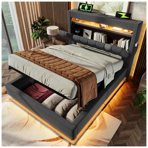 Letto Imbottito Idraulico 90x200cm, Letto Matrimoniale, Letto Contenitore Con Connessioni Usb E Tipo C, Illuminazione Led A Testa E Piedi Del Letto, Biancheria, Beige, Senza Materasso Senza Materasso - Foto 1