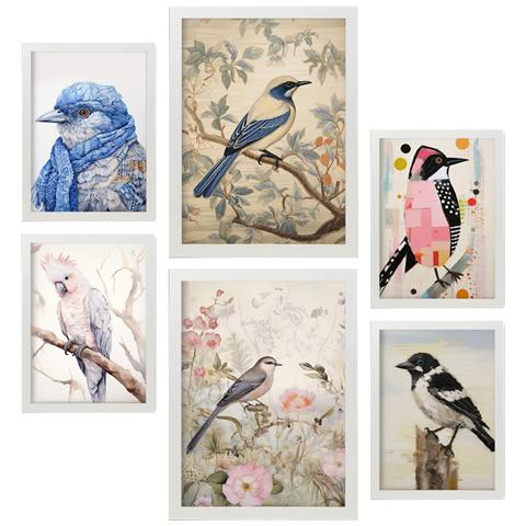 Set Di 6 Stampe Illustrazioni Di Uccelli In Dipinti Decorativi Estetici Per La Cameretta Dei Bambini Per Il Tuo Soggiorno, Camera Da Letto, Casa A3 & A4 Cornice Bianca - Foto 1