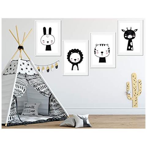 Set Di 4 Stampe Poster Per Bambini E Camera Infantile Stile Nordic Style Animali In Bianco E Nero Nera Senza Cornice A3 - Foto 1