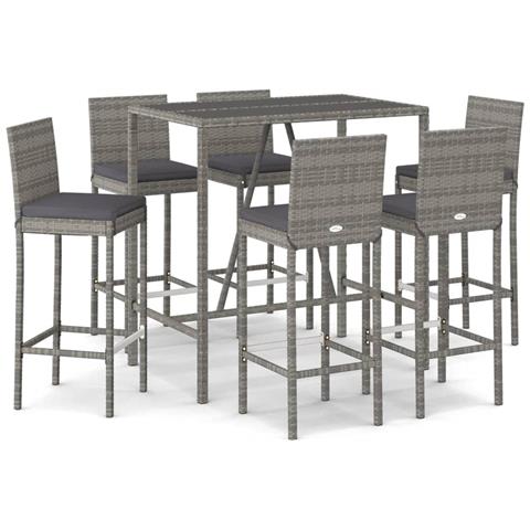 Set Bar Da Giardino 7 Pz Con Cuscini In Polyrattan Grigio - Foto 1