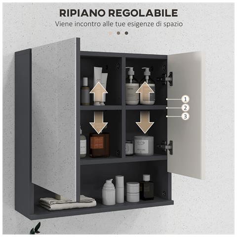 Armadietto Con Specchiera Bagno A 2 Ante E Mensole Regolabili In Legno, 55x17x55cm, Grigio - Foto 2