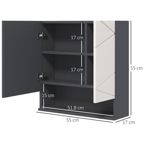 Armadietto Con Specchiera Bagno A 2 Ante E Mensole Regolabili In Legno, 55x17x55cm, Grigio - Foto 6
