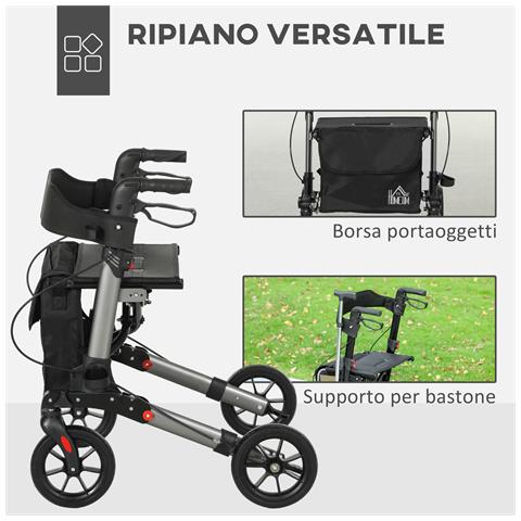 Deambulatore Pieghevole in Allumino ad Altezza Regolabile con Borsa, 67x65x79.5-94 cm, Nero e Argento - Foto 6