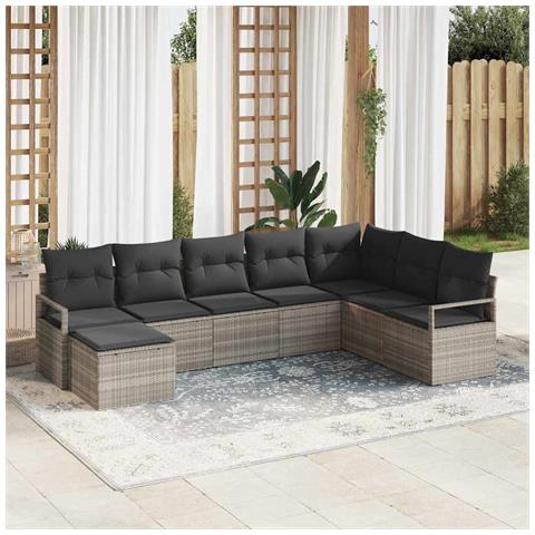 Set di divani da giardino  8 pezzi con cuscini grigio chiaro polyrattan, Divano da giardino a 2 posti con cuscini grigio polyrattan - Foto 2