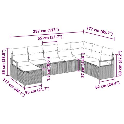 Set di divani da giardino  8 pezzi con cuscini grigio chiaro polyrattan, Divano da giardino a 2 posti con cuscini grigio polyrattan - Foto 9