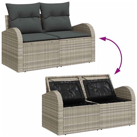 Set divano giardino 5 pezzi con cuscini grigio chiaro in rattan sintetico, Divano giardino 2 posti con ripostiglio e cuscini grigio chiaro in rattan sintetico - Foto 9