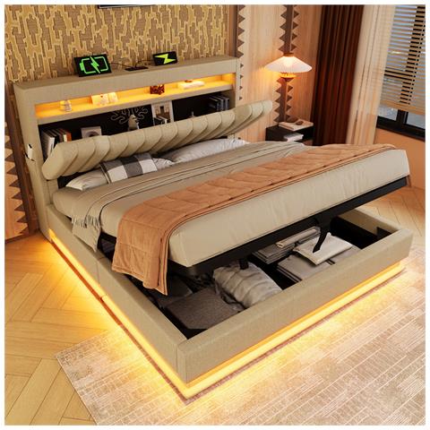 Letto Imbottito Idraulico 140x200cm, Letto Matrimoniale, Letto Contenitore Con Connessioni Usb E Tipo C, Illuminazione A Led Su Testa E Piedi Del Letto, Biancheria, Beige, Senza Materasso - Foto 1