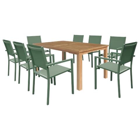 Set Di Mobili Da Giardino In Teak Java Con Sedie In Alluminio Verde Salvia - 8 Posti A Sedere - Foto 1