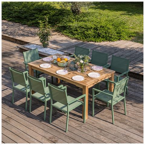 Set Di Mobili Da Giardino In Teak Java Con Sedie In Alluminio Verde Salvia - 8 Posti A Sedere - Foto 8