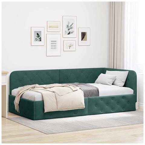 Cornice del letto ad angolo Verde Scuro 100 x 200 cm Velluto - Foto 2