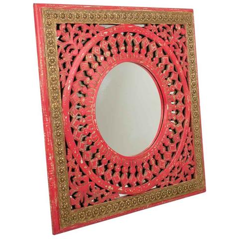 Specchio In Legno Rosso Fatto A Mano 60,5x1,5x60,5 Cm - Foto 1