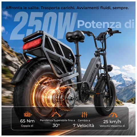 MileLink 1 Bici Elettrica Fat Tire 16x4.0, motore 250W, batteria rimovibile 48V 18Ah, sospensione anteriore, cambio a 7 velocità, freno idraulico a disco, Grigia - Foto 2