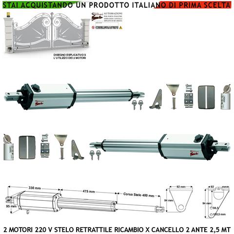 Motori Elettromeccanici Stelo Retrattile Corsa 400 Mm 230 V Per Cancello Battente 5 Metri 2 Ante 2,5 Mt Spinta 250 Kg - Foto 1