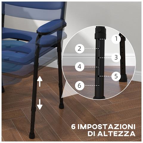 Sedia Comoda 5 in 1 per Anziani e Disabili per WC e Doccia, Altezza Regolabile e Secchio Rimovibile, Blu - Foto 6