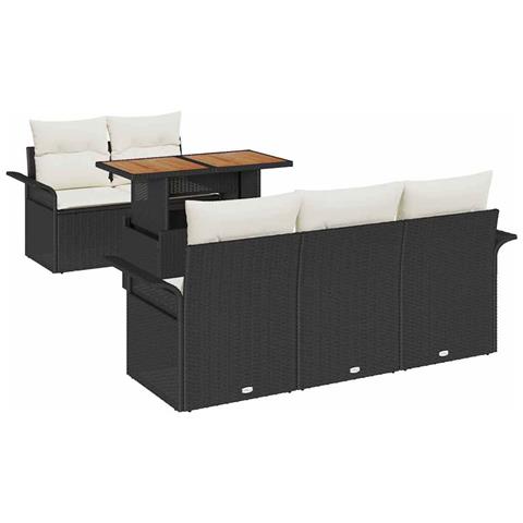Set di Sofà da Giardino a 6 Pezzi con Cuscini Nero Rattan Polimerico, Sofà da Giardino a 2 Posti con Ripostiglio e Cuscini Nero Rattan Polimerico - Foto 1