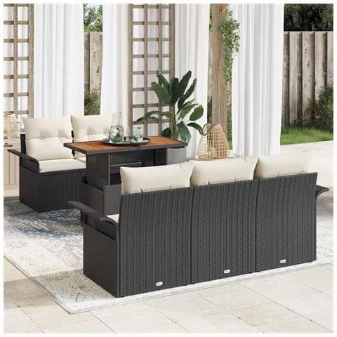 Set di Sofà da Giardino a 6 Pezzi con Cuscini Nero Rattan Polimerico, Sofà da Giardino a 2 Posti con Ripostiglio e Cuscini Nero Rattan Polimerico - Foto 2