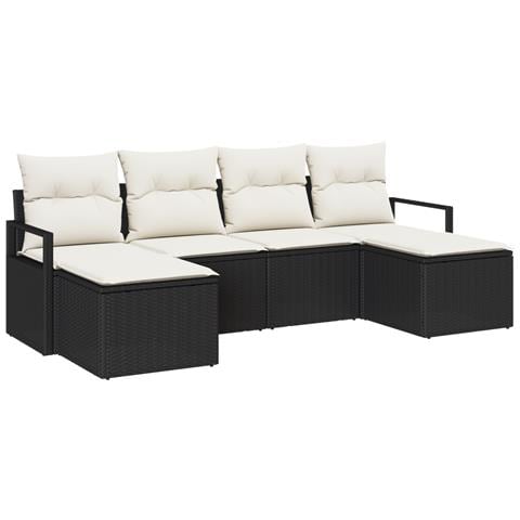 Set divano giardino 6 pezzi con cuscini polyrattan nero, Divano giardino 2 posti con cuscini polyrattan nero - Foto 1