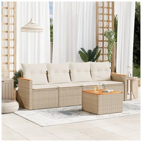 Set Divano da Giardino 5 pz con Cuscini Beige in Polyrattan - Foto 2