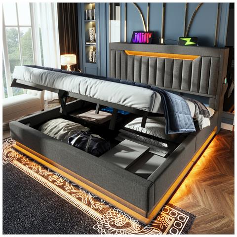Letto Imbottito Idraulico 140x200cm, Letto Matrimoniale, Letto Contenitore Con Connessioni Usb E Tipo C, Illuminazione A Led Su Testa E Piedi Del Letto, Biancheria, Grigio, Senza Materasso - Foto 1
