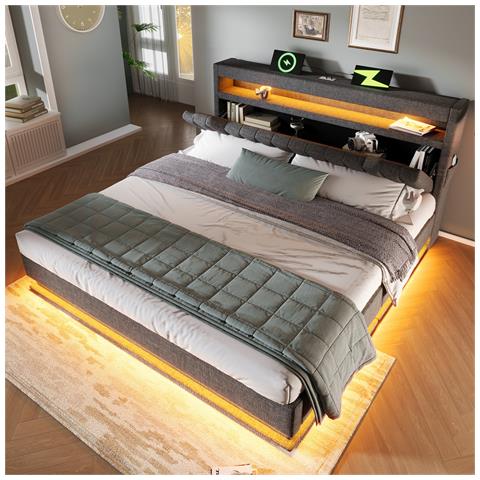 Letto Imbottito Idraulico 140x200cm, Letto Matrimoniale, Letto Contenitore Con Connessioni Usb E Tipo C, Illuminazione A Led Su Testa E Piedi Del Letto, Biancheria, Grigio, Senza Materasso - Foto 4