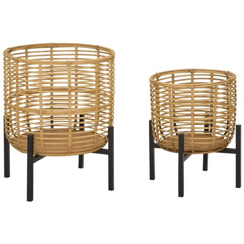 Porta-vasi In Rattan Con Struttura In Ferro — Coppia Ø 41x47 E Ø 33x39 Cm - Foto 1