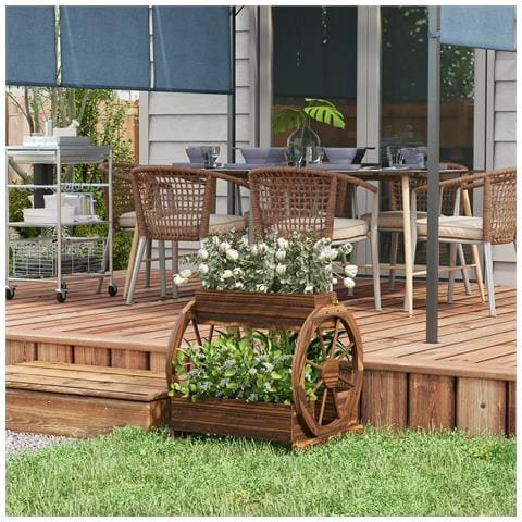 Fioriera In Legno Da Esterno A 2 Livelli Con 3 Vasi E Ruote Di Carro Stile Country, 64x54x60cm - Foto 2