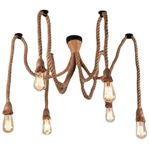 Lampadario 6 Portalampada In Corda Di Canapa E27 Country Vintage - Foto 2