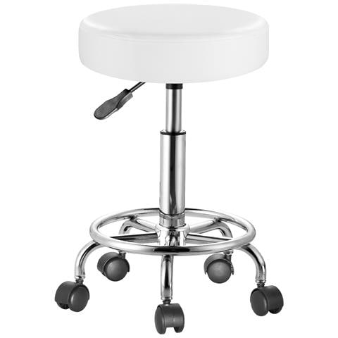 Sgabello Con Ruote Rotondo Ecopelle Bianco Altezza Regolabile Base Acciaio Zinc - Foto 1